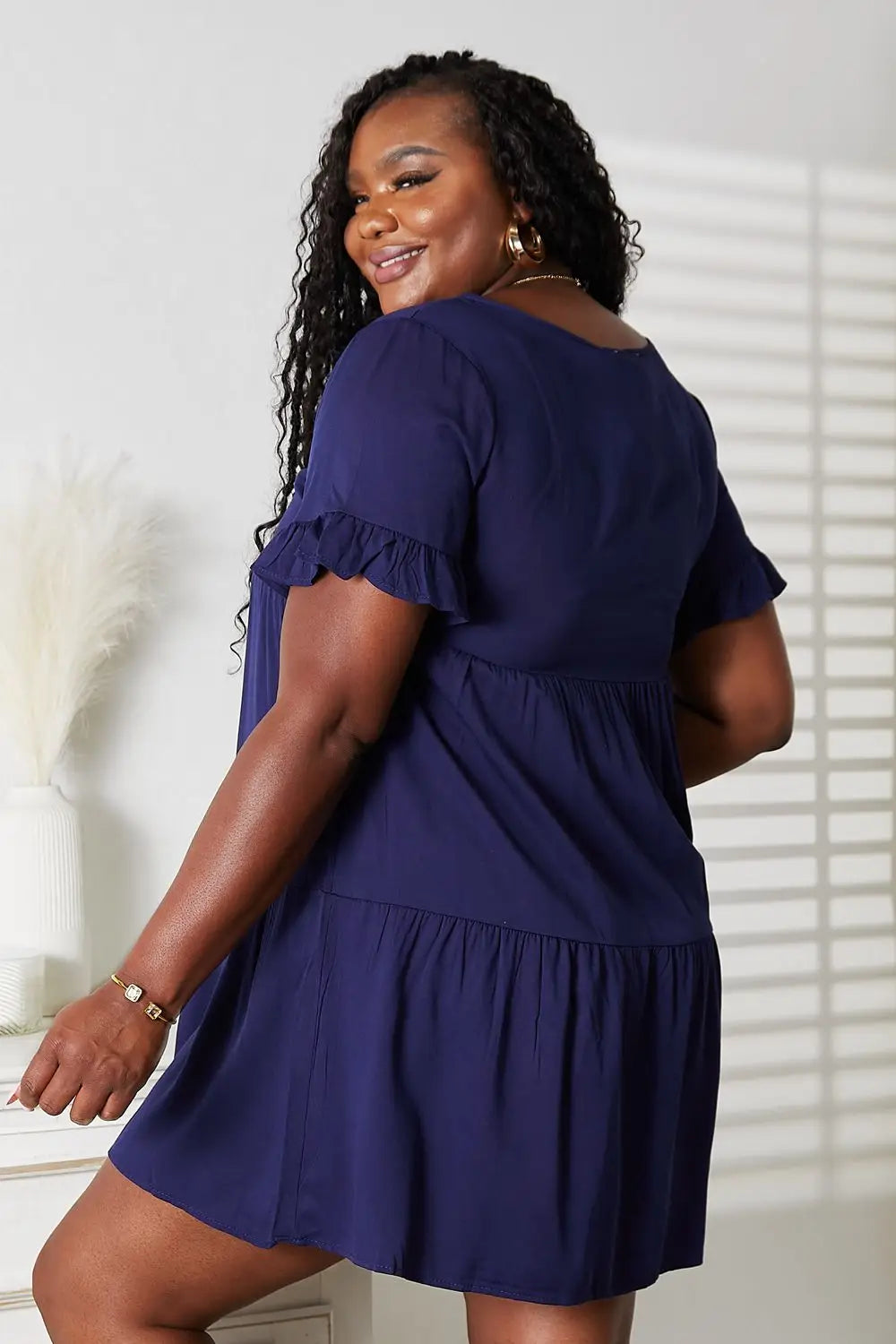 Black or Blue Flounce Sleeve Tiered Dress - Mini Dresses