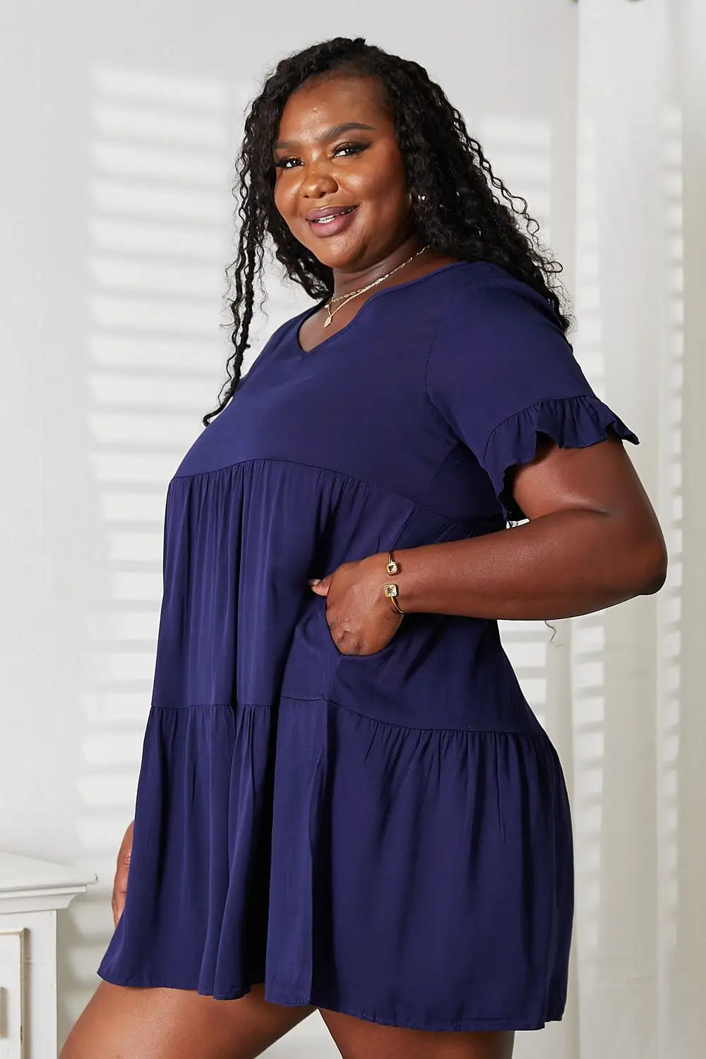 Black or Blue Flounce Sleeve Tiered Dress - Mini Dresses