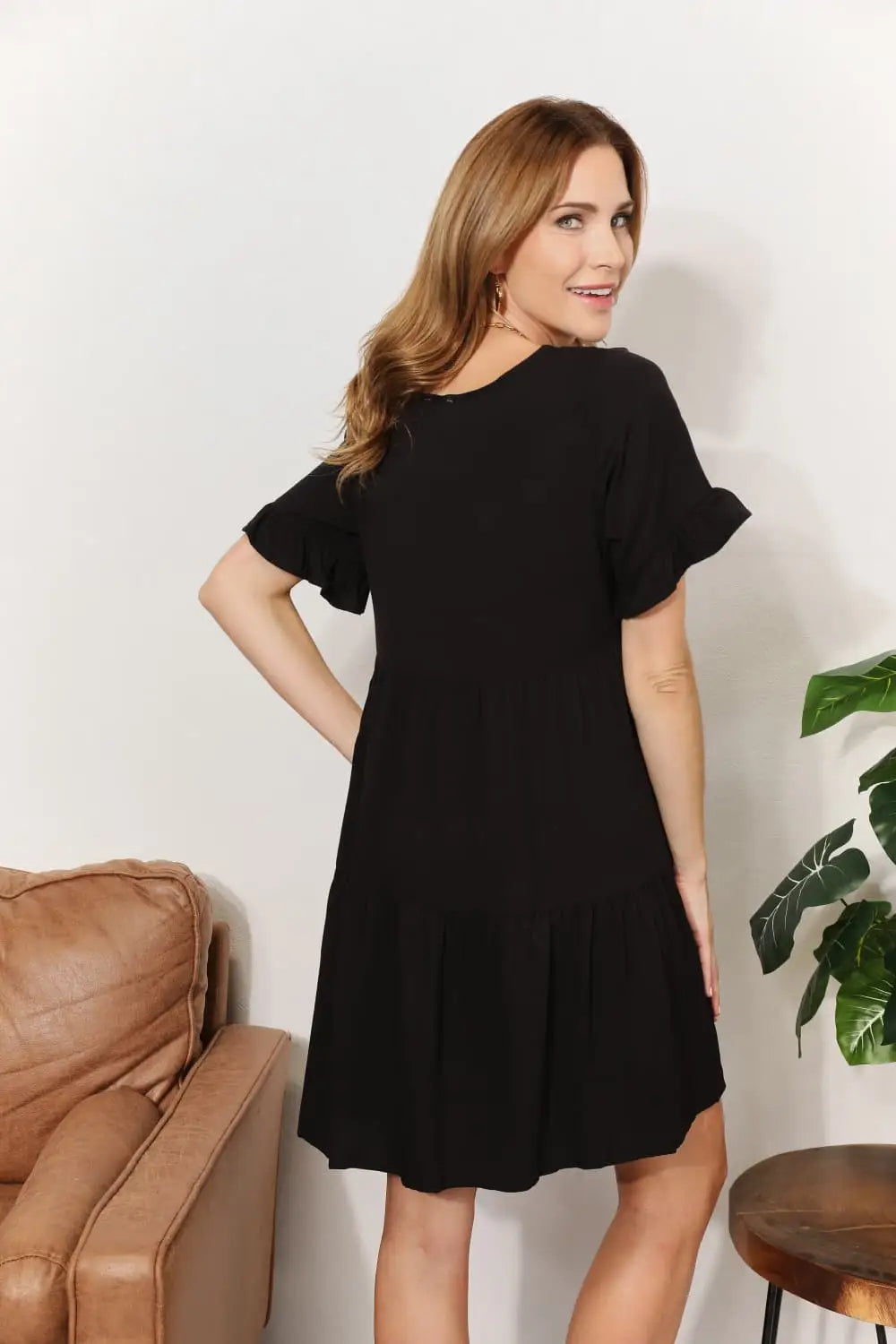 Black or Blue Flounce Sleeve Tiered Dress - Mini Dresses
