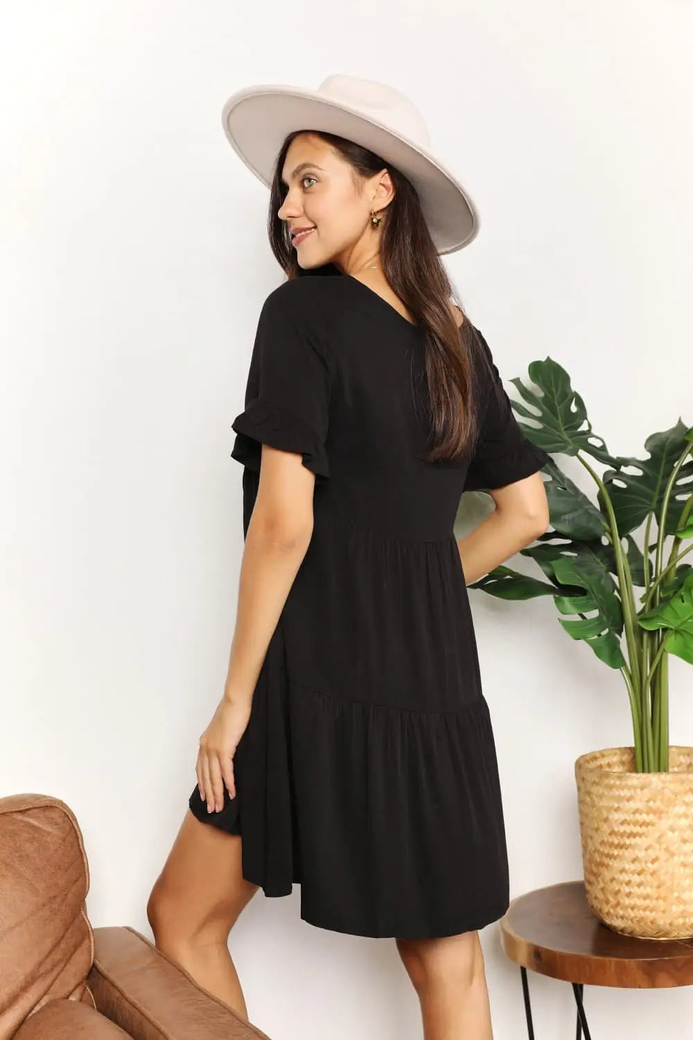Black or Blue Flounce Sleeve Tiered Dress - Mini Dresses