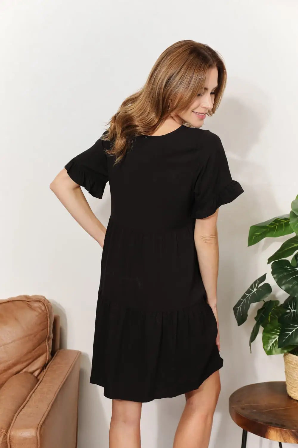 Black or Blue Flounce Sleeve Tiered Dress - Mini Dresses