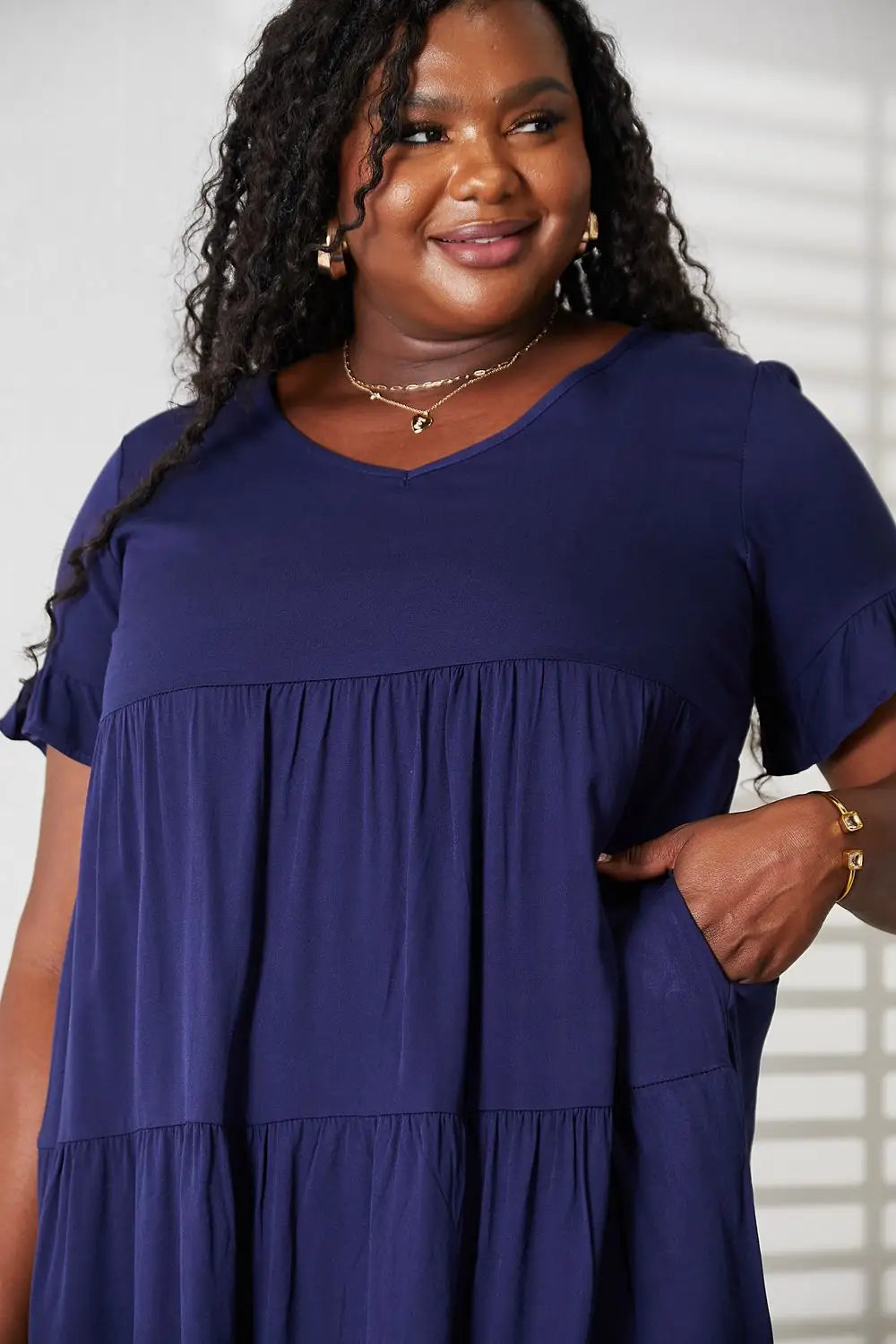 Black or Blue Flounce Sleeve Tiered Dress - Mini Dresses