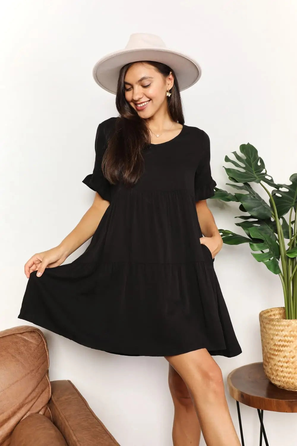 Black or Blue Flounce Sleeve Tiered Dress - Mini Dresses