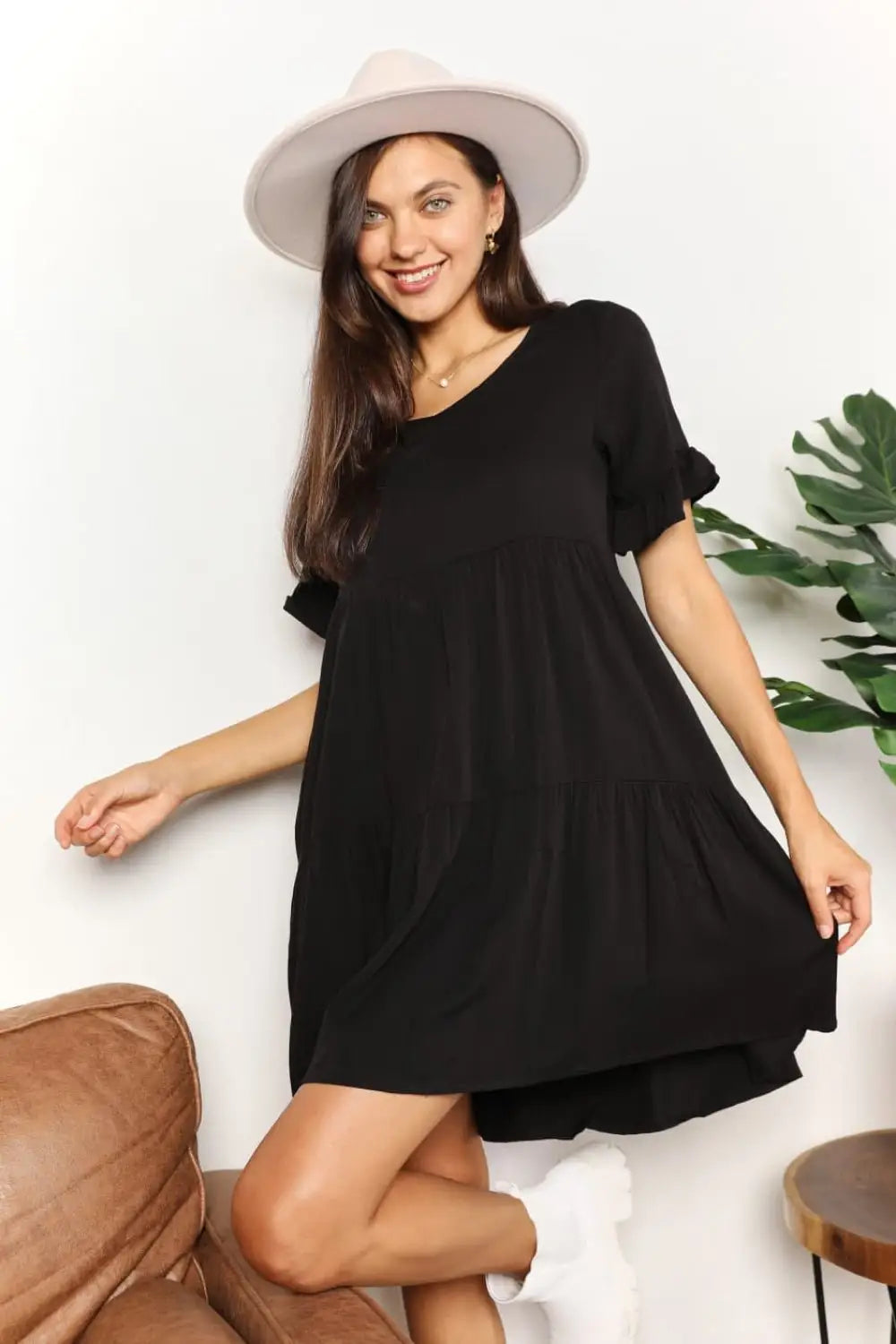 Black or Blue Flounce Sleeve Tiered Dress - Mini Dresses