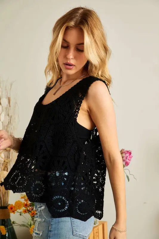 Black Crochet Wide Strap Tank - Eclectage