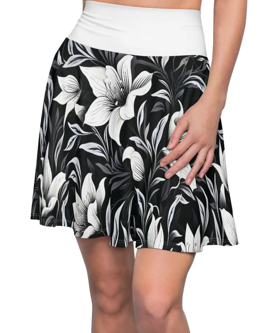 Black and Gray Floral Skater Skirt with White Waistband All Over Prints