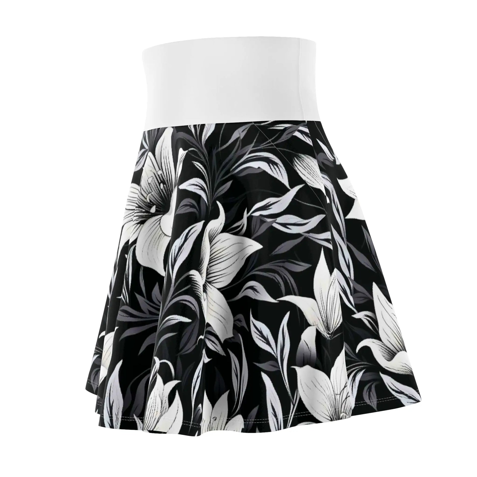 Black and Gray Floral Skater Skirt with White Waistband All Over Prints