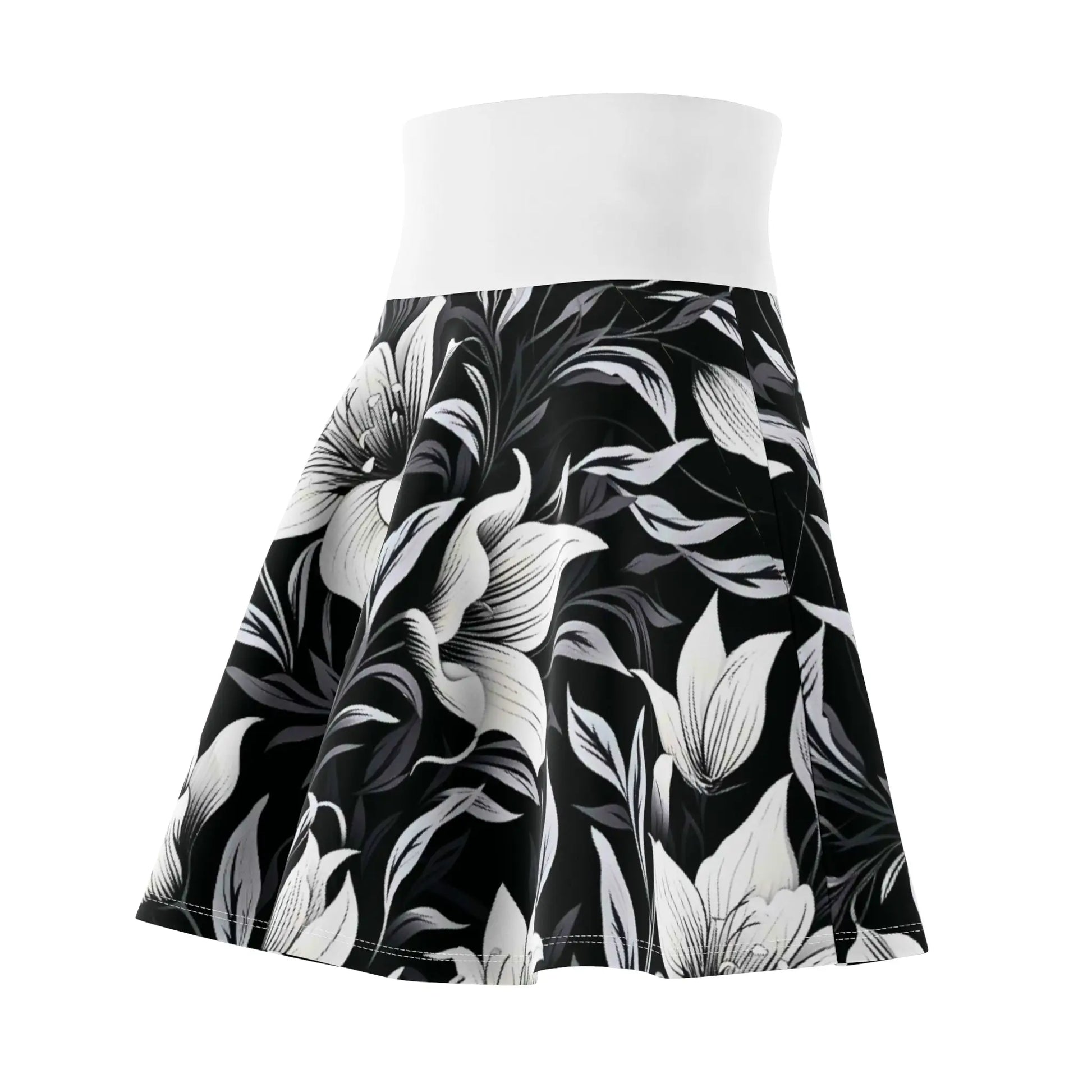Black and Gray Floral Skater Skirt with White Waistband All Over Prints