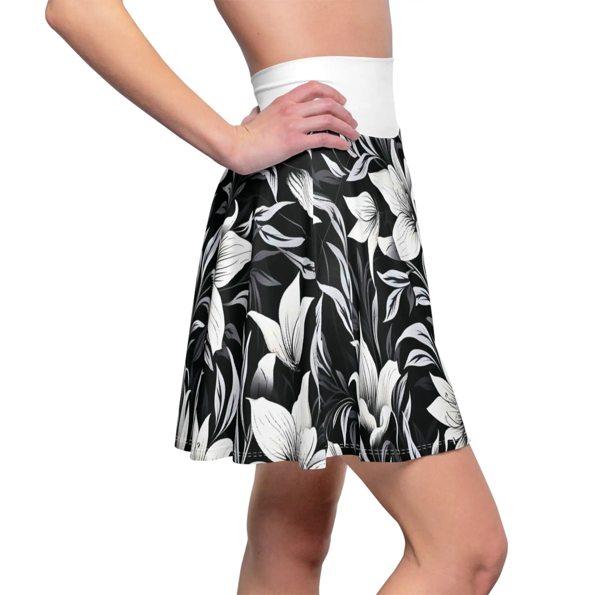 Black and Gray Floral Skater Skirt with White Waistband All Over Prints
