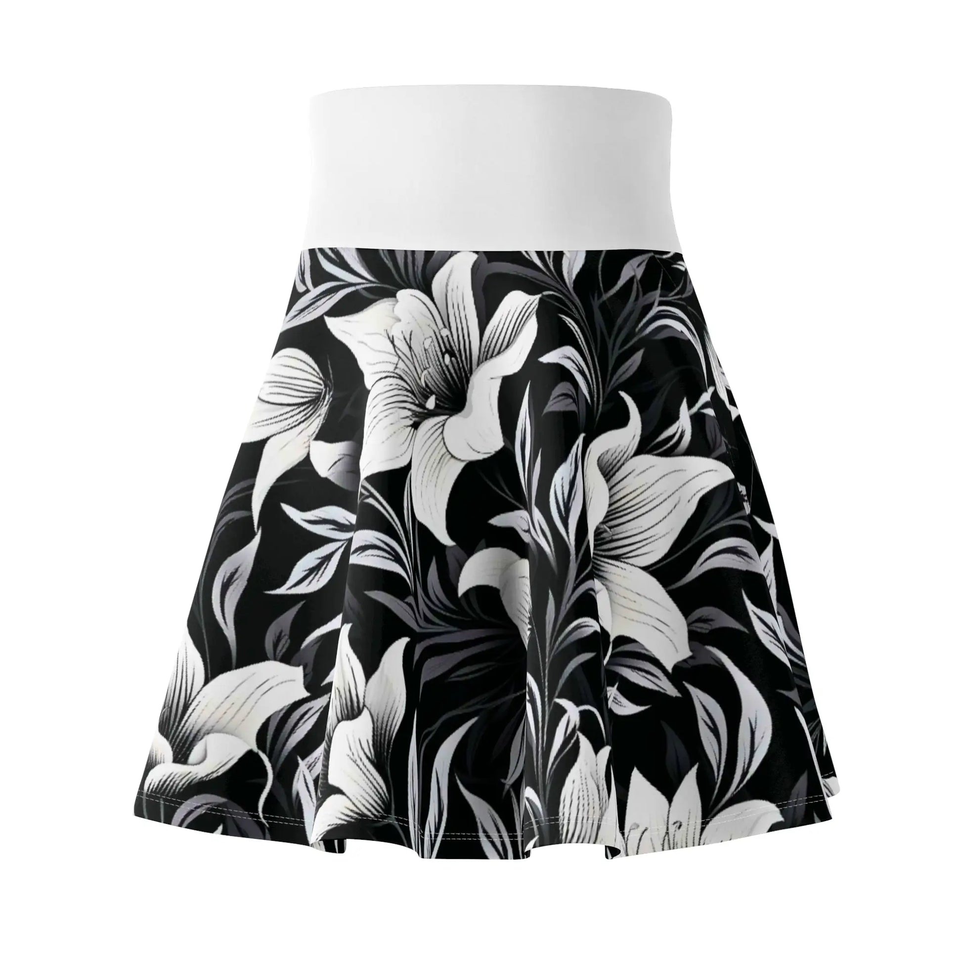 Black and Gray Floral Skater Skirt with White Waistband All Over Prints