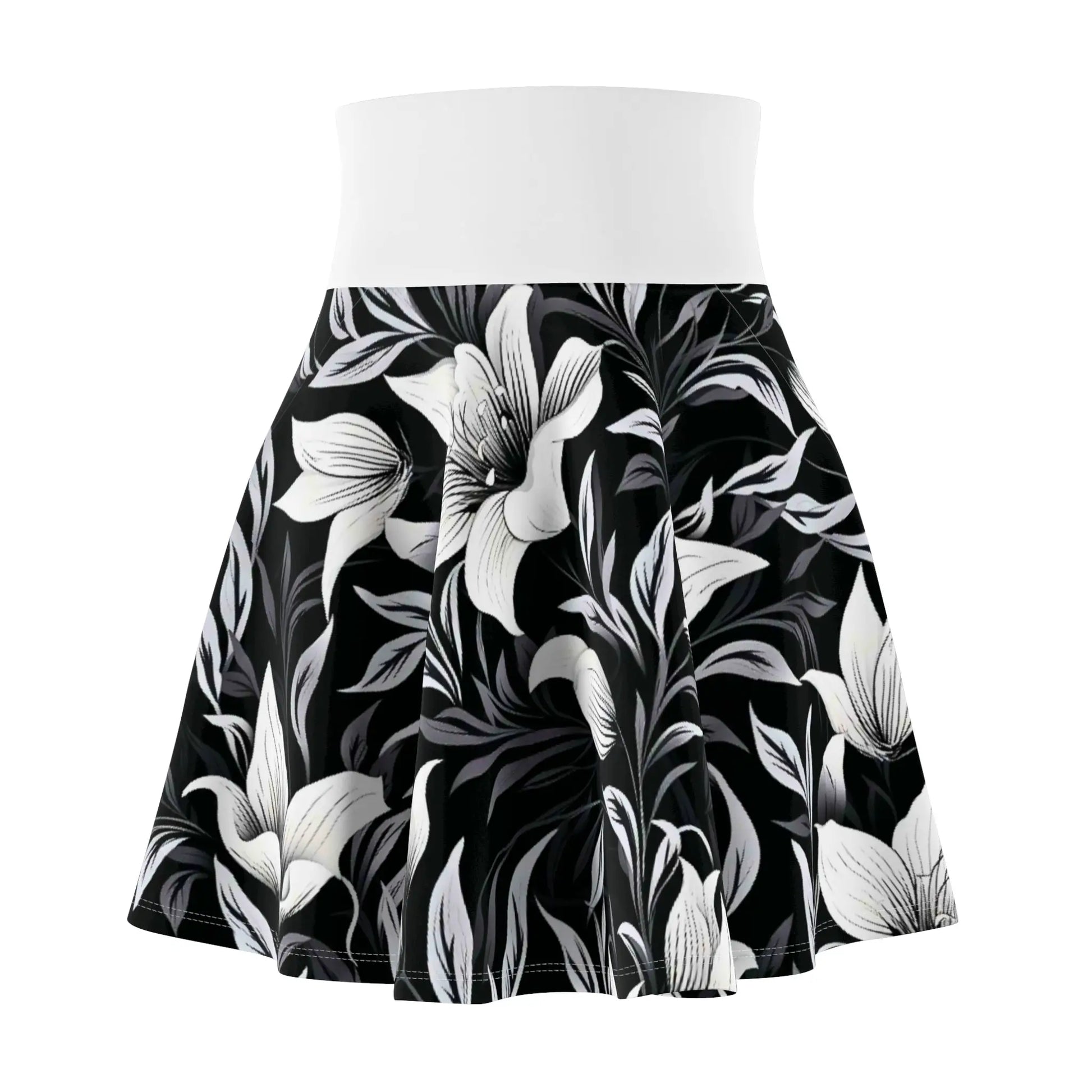 Black and Gray Floral Skater Skirt with White Waistband XS / 4 oz. All Over Prints