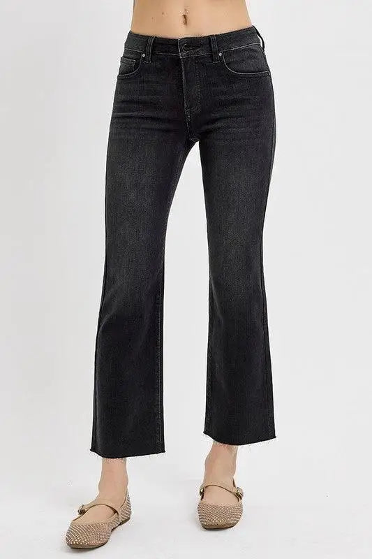 Black Mid Rise Crop Straight Jeans - Cropped Jeans