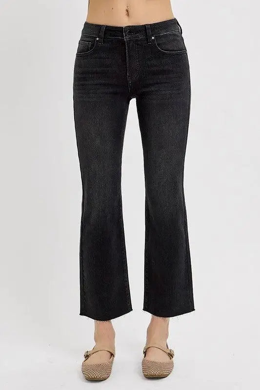 Black Mid Rise Crop Straight Jeans - Cropped Jeans