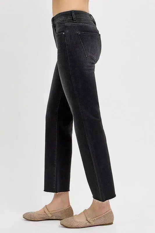 Black Mid Rise Crop Straight Jeans - Cropped Jeans