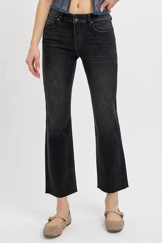 Black Mid Rise Crop Straight Jeans - Cropped Jeans
