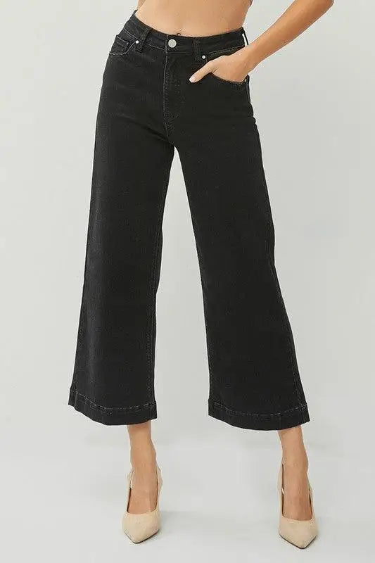Black Wide Leg Ankle Jeans - Cropped Jeans