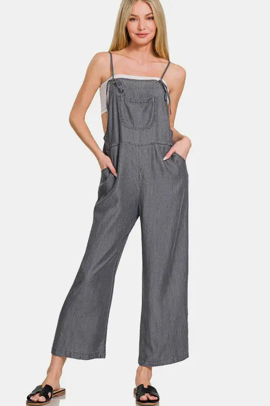 Black Wide Leg Denim Overalls - Eclectage