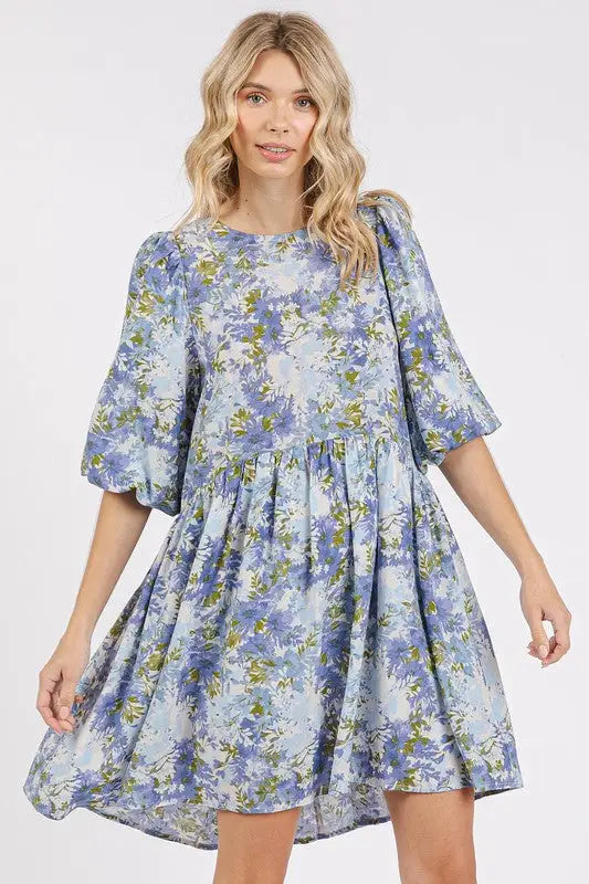 Mittoshop Flower Print Linen Blend Babydoll Mini Dress - Eclectage