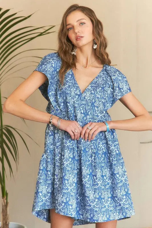 Blue Printed Ruffle Sleeve Mini Dress - Eclectage