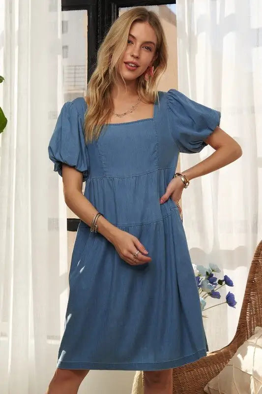 Blue Puff Sleeve Denim Dress - 