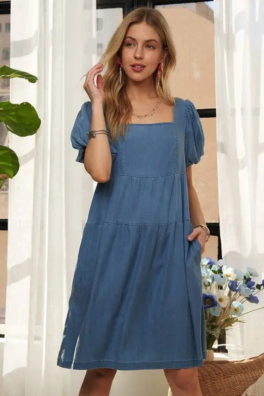 Blue Puff Sleeve Denim Dress - 