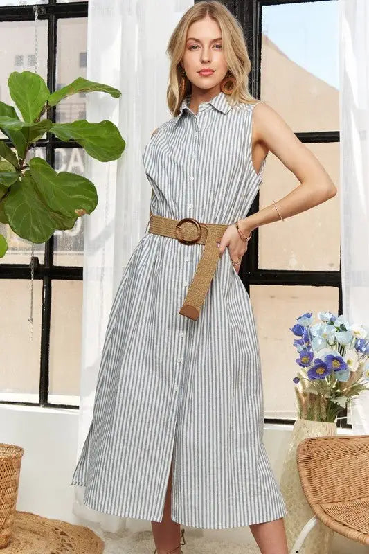 Blue Striped Sleeveless Midi Dress - Midi Dresses