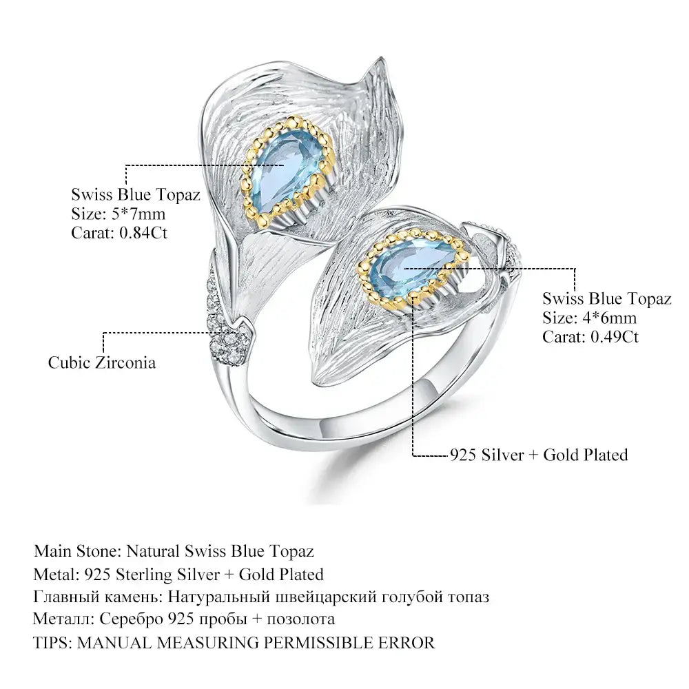 Blue Topaz Calla lily Leaf Ring United States / resizable Rings