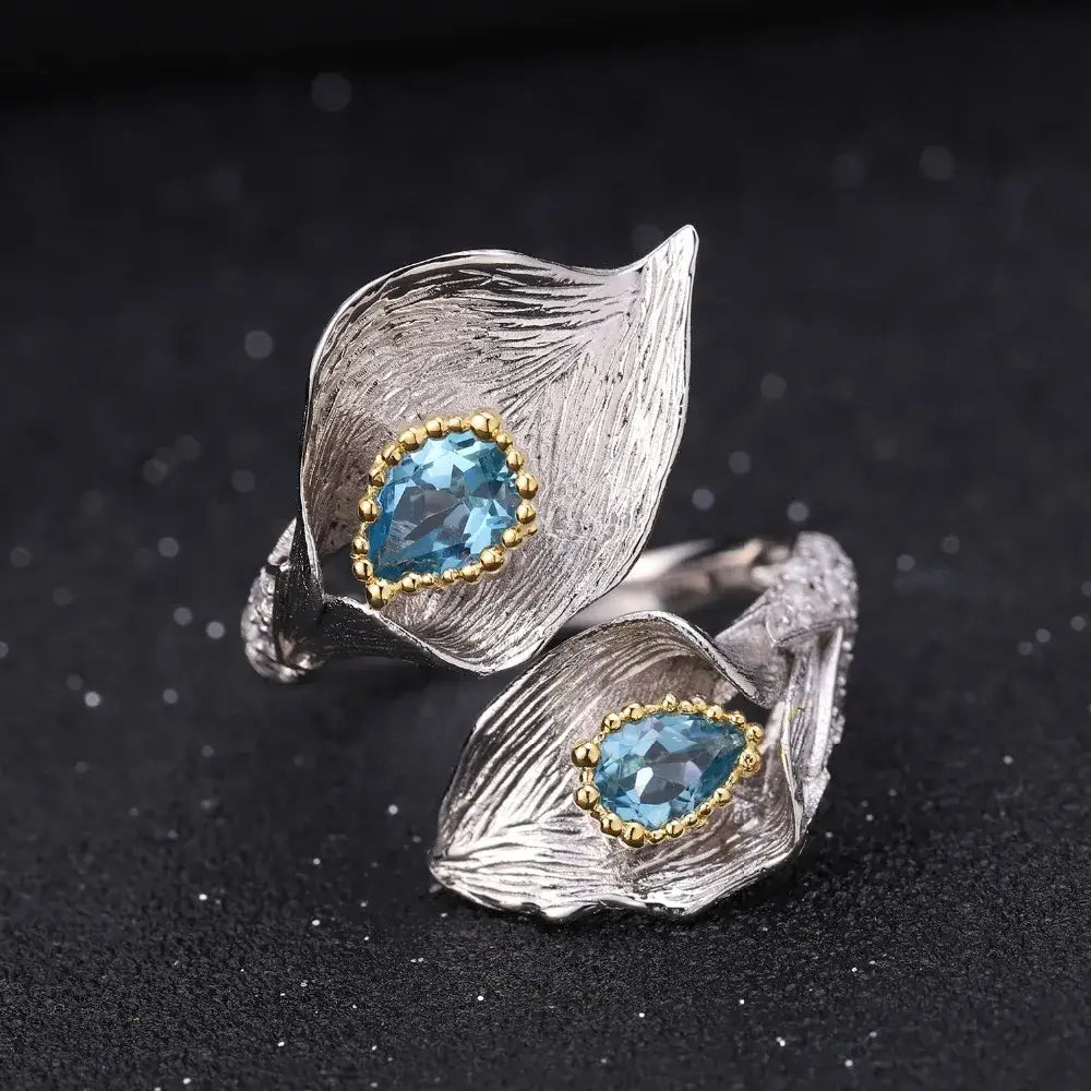 Blue Topaz Calla lily Leaf Ring United States / resizable Rings