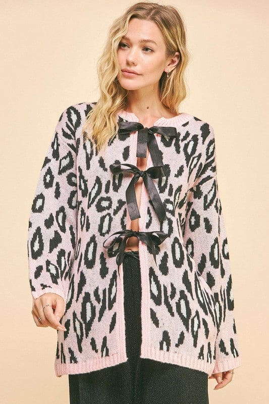 Blush Pink Leopard Ribbon Tie Front Cardigan