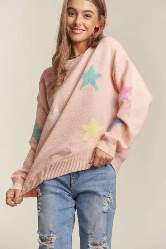 Blush Stars Pattern Drop Shoulder Sweater - Long Sleeve Sweaters