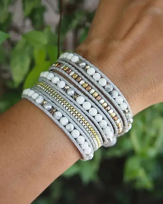 Boho White Howlite Mix Wrap Bracelet with Gray Cord United States Bracelets