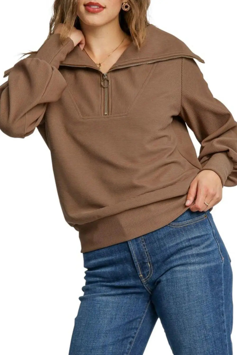 Brown Ribbed Knit Sweatshirt - Sweatshirts