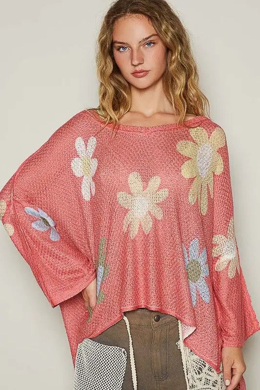 POL Flower Dropped Shoulder Long Sleeve Knit Top - Eclectage