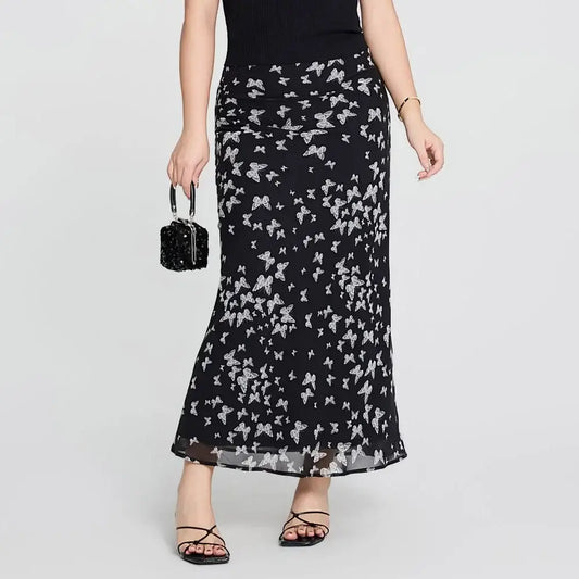 Butterfly Print Chiffon Midi Skirt