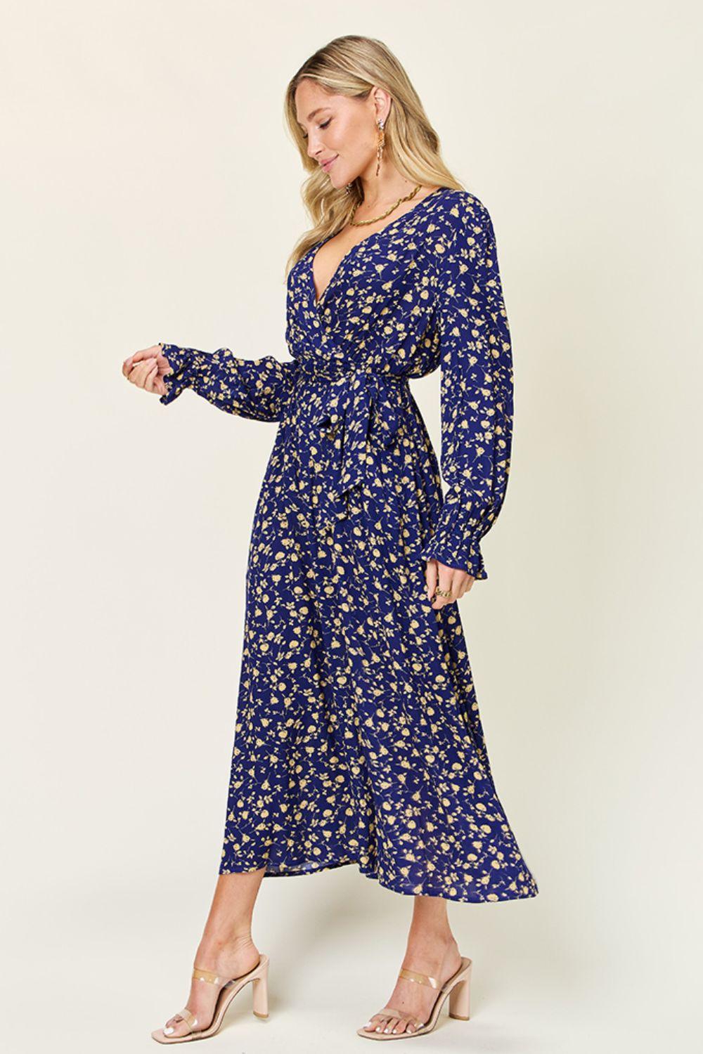 Dark Blue Floral Wrap Dress - Eclectage