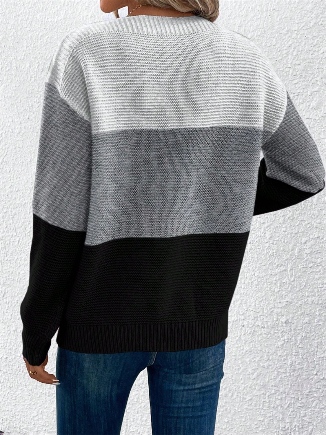 Color Block Drop Shoulder Long Sleeve Sweater - Eclectage