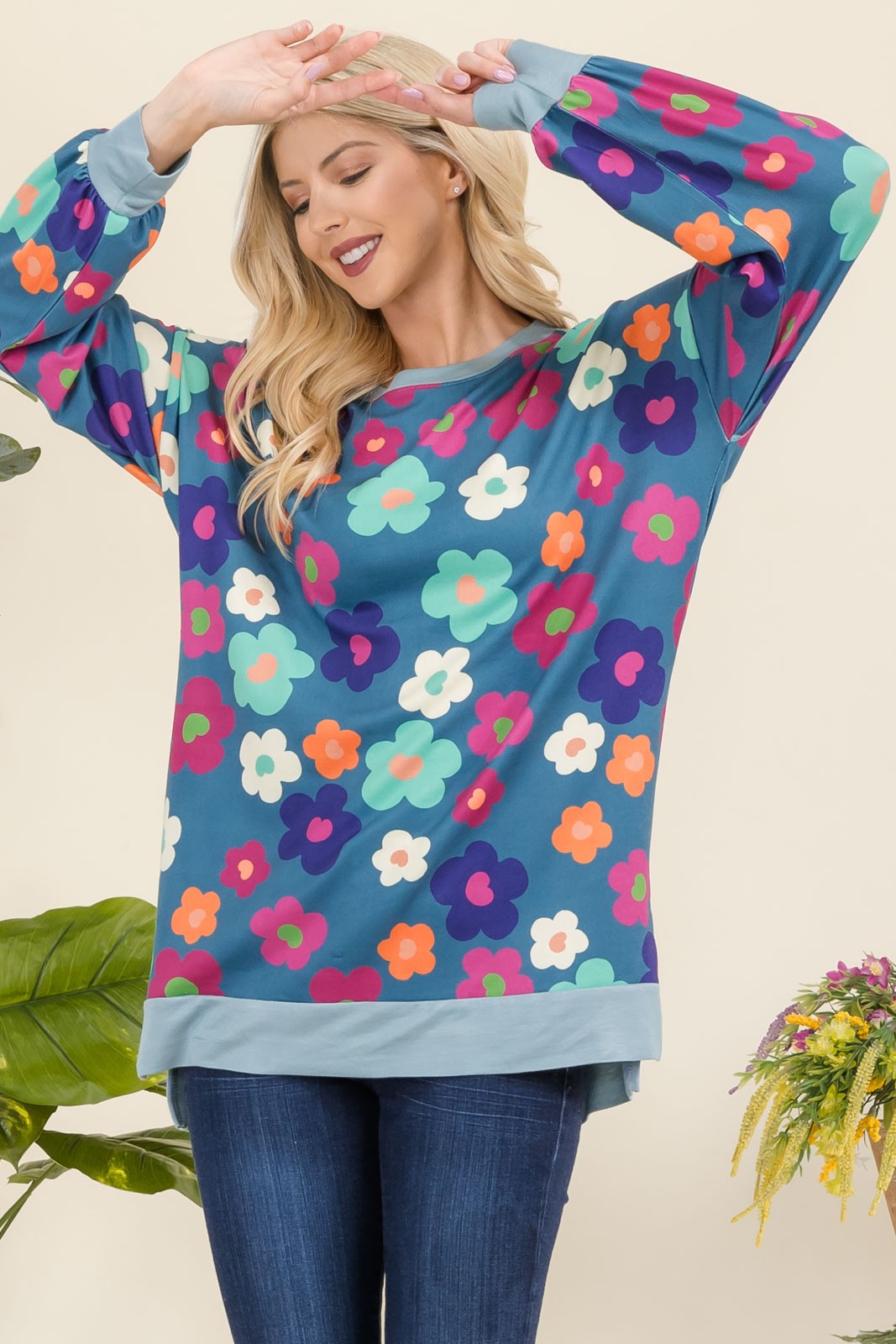 Celeste Full Size Side Slit Flower Print Long Sleeve Top - Eclectage