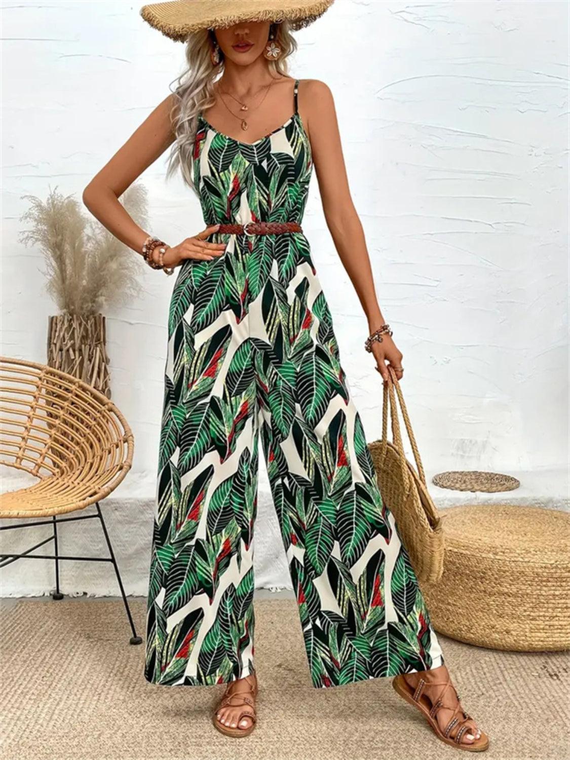 Tropical Print Spaghetti Strap Wide Leg Jumpsuit - Eclectage