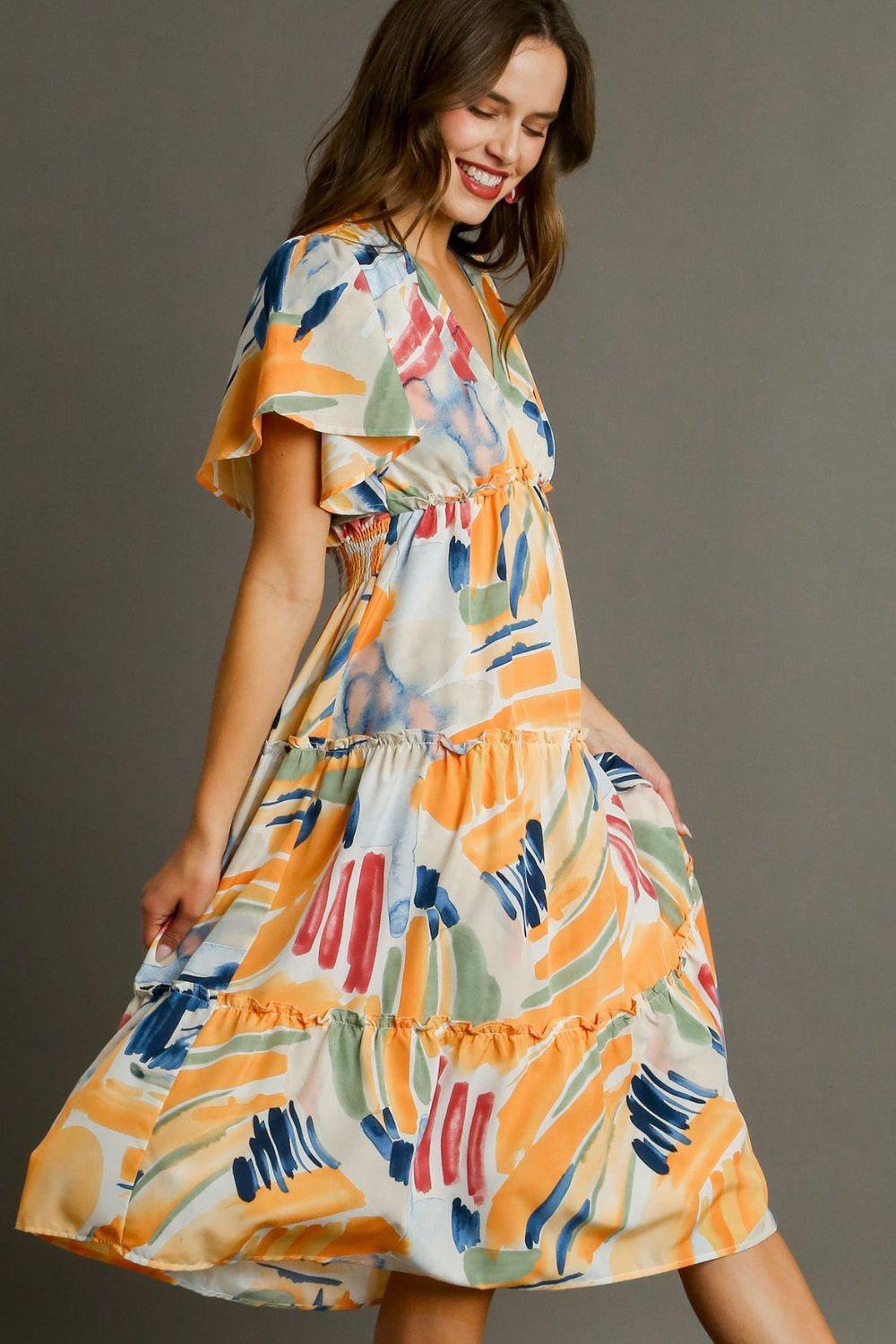 Abstract Print Frill Tiered Midi Dress - Eclectage