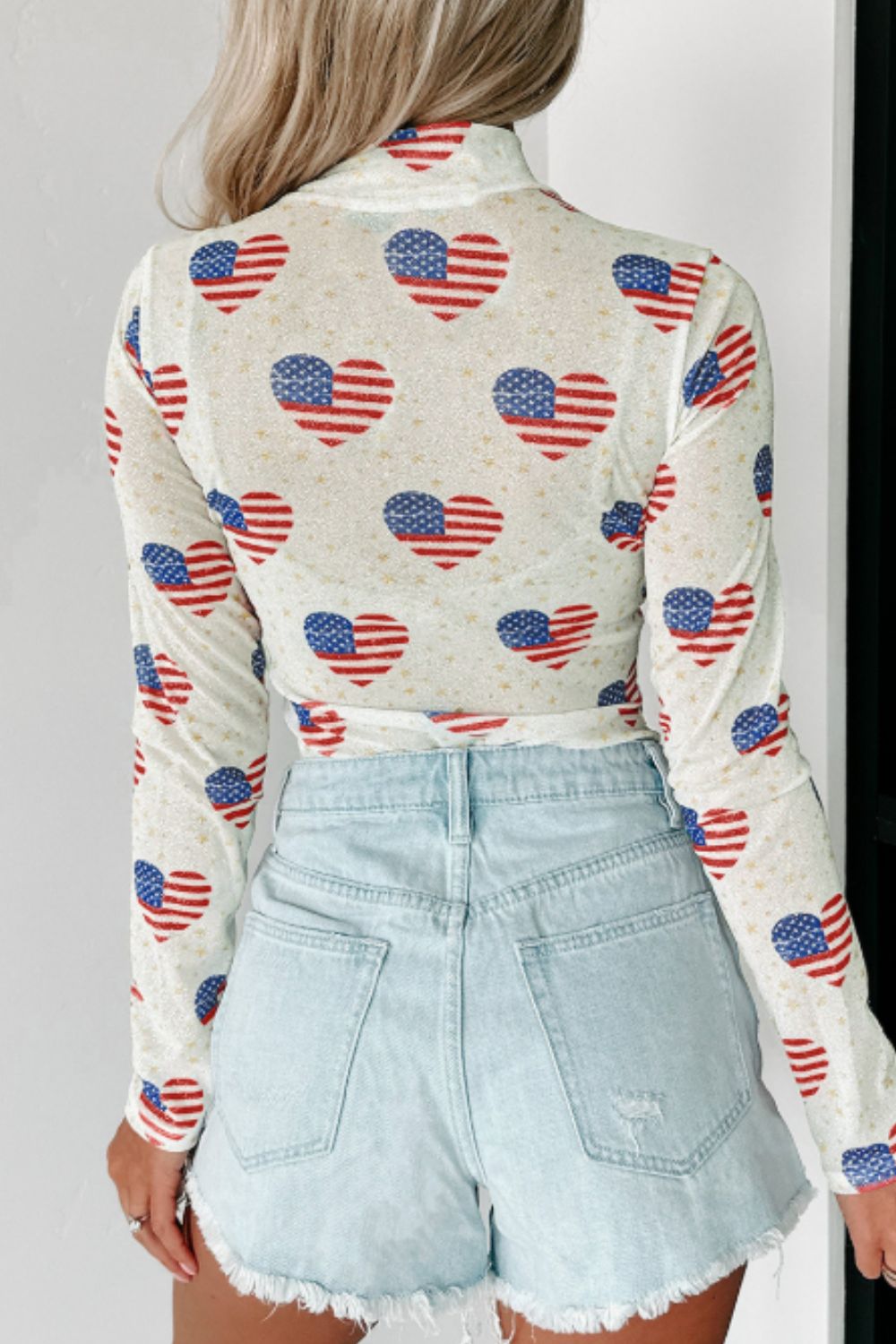 US Flag Heart Mock Neck Long Sleeve Bodysuit - Eclectage