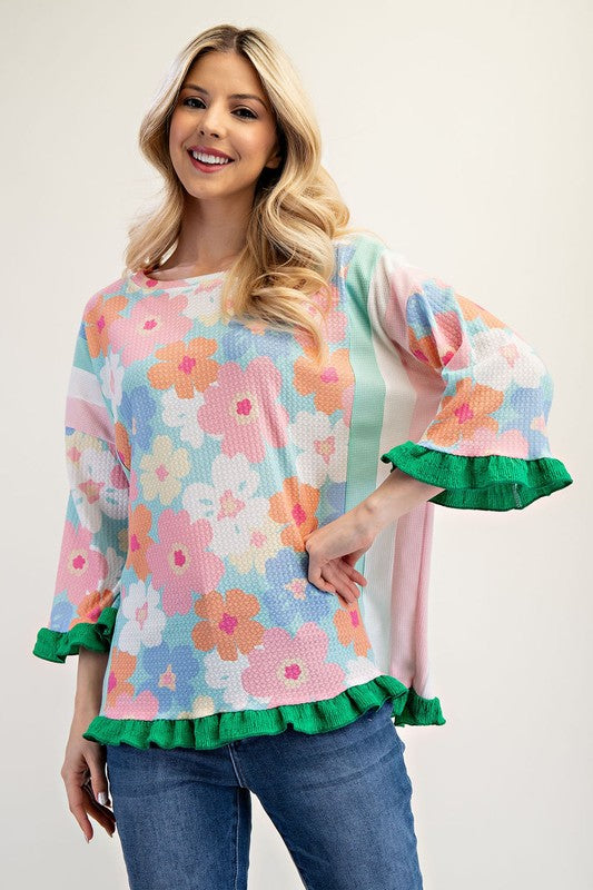 Celeste Full Size Floral Ruffle Hem Round Neck Blouse Plus Size - Eclectage