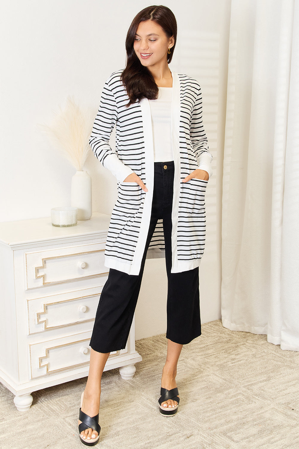 Striped Open Front Longline Cardigan - Eclectage