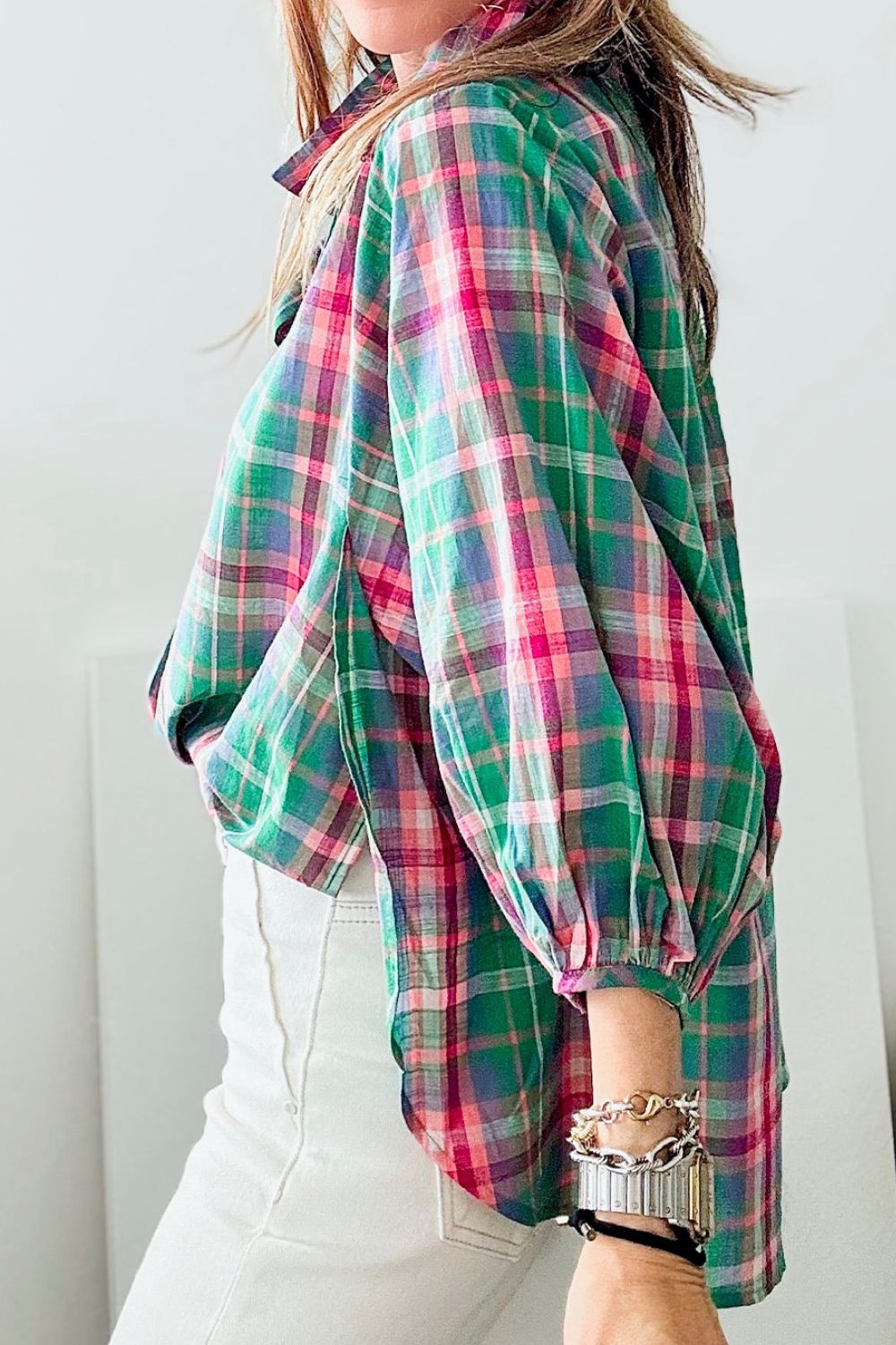 Plaid Collared Neck Three-Quarter Sleeve Shirt - Eclectage