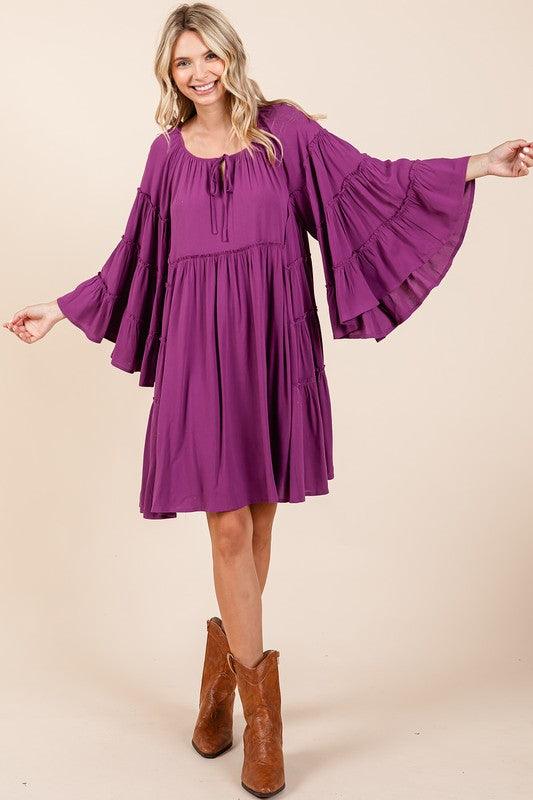 Mittoshop Frill Tie Neck Bell Sleeve Dress - Eclectage