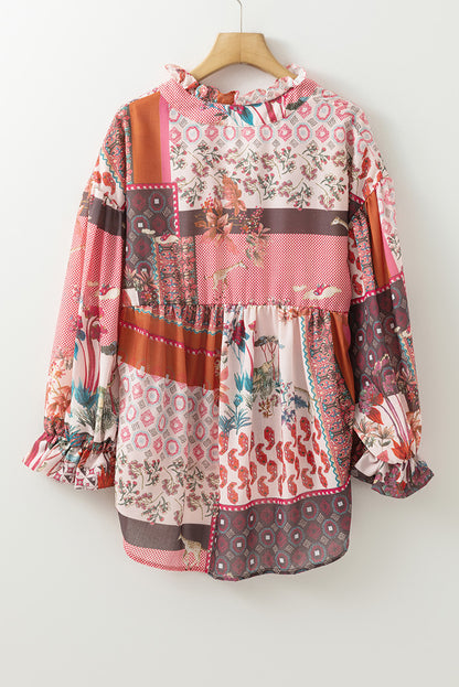 Patchwork Printed Notched Flounce Sleeve Shirt - Eclectage