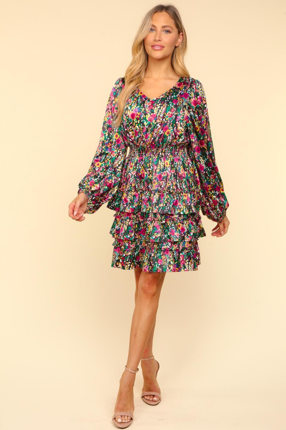 Floral Layered Satin Dress - Eclectage