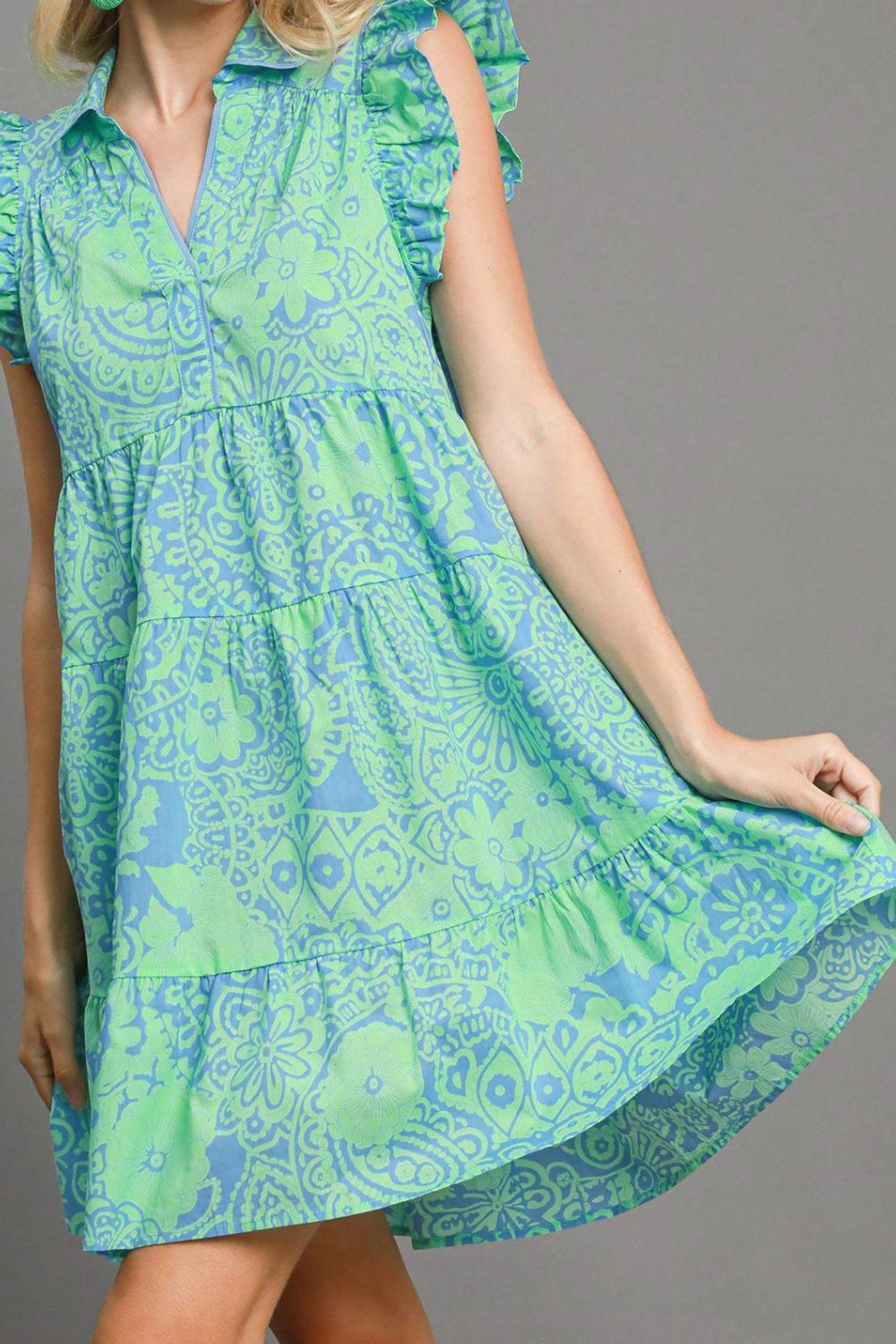 Gum Leaf Printed Ruffle Cap Sleeve Dress - Eclectage