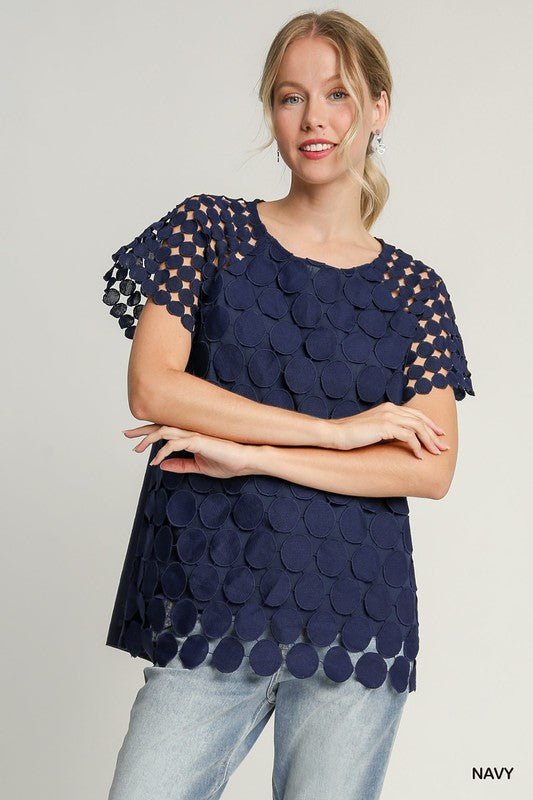 Dark Blue Polka Dot Lace Boxy Cut Top - Eclectage