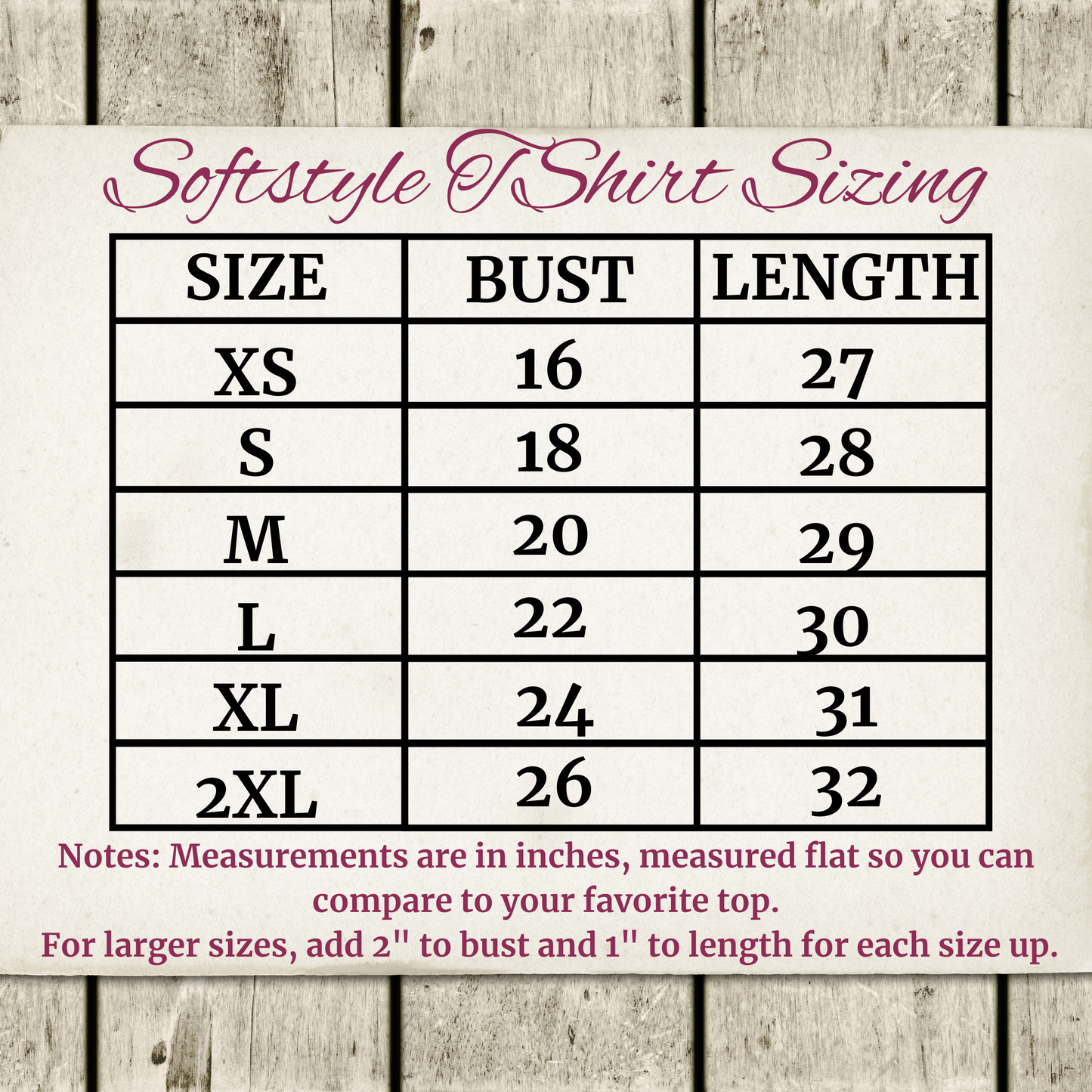 Size Chart for Gildan Softstyle T-Shirt