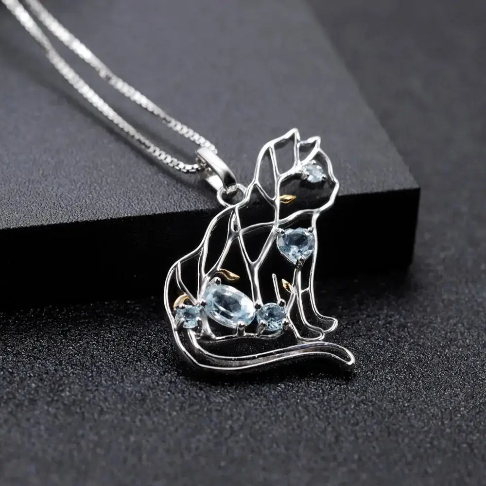 GEM’S BALLET Cat Shape Natural Sky Blue Topaz Animal Jewelry 925 Sterling Silver Handmade Gemstone Pendant Necklace